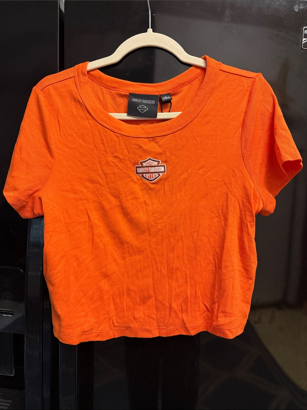 Harley-Davidson Women's Orange Short Sleeve Cropped Logo Tee. NWT